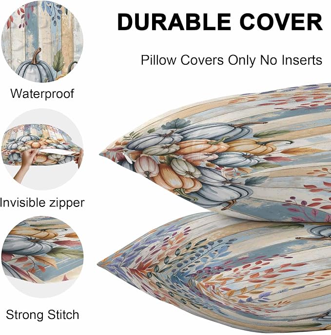Orange Pumpkins Outdoor Waterproof Pillow Covers, Eucalyptus Leaves Wood Grain Country Rustic Decorative Square Throw Pillowcase Sofa Cushion Sham for Patio/Couch/Chair, 26"x26" 2 Pack