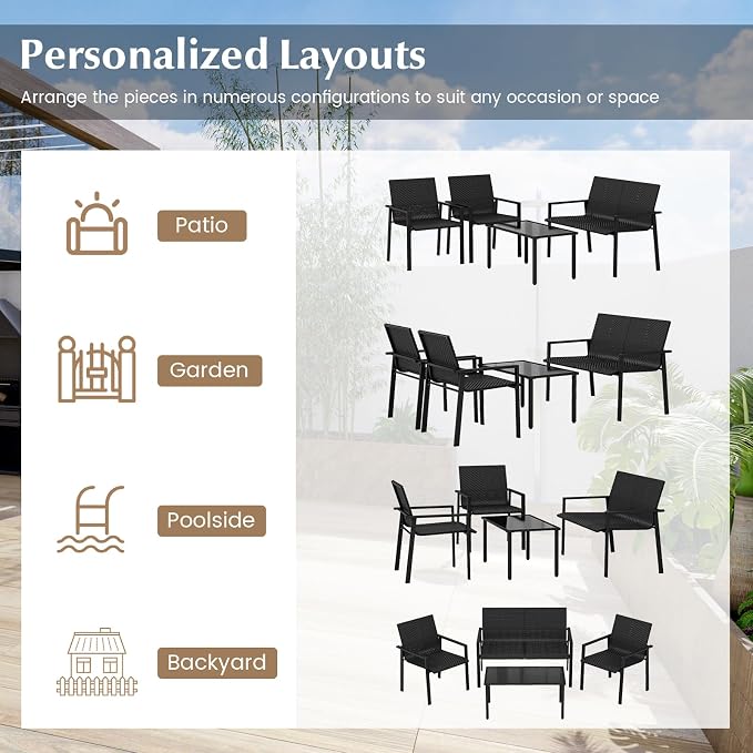 HAPPYGRILL 4 Pieces Wicker Patio Conversation Set with Coffee Table, PE Rattan Chairs with Galvanized Metal Frame, Outdoor Table and Chairs Set for Small Space, Balcony, Poolside, Backyard (Black)