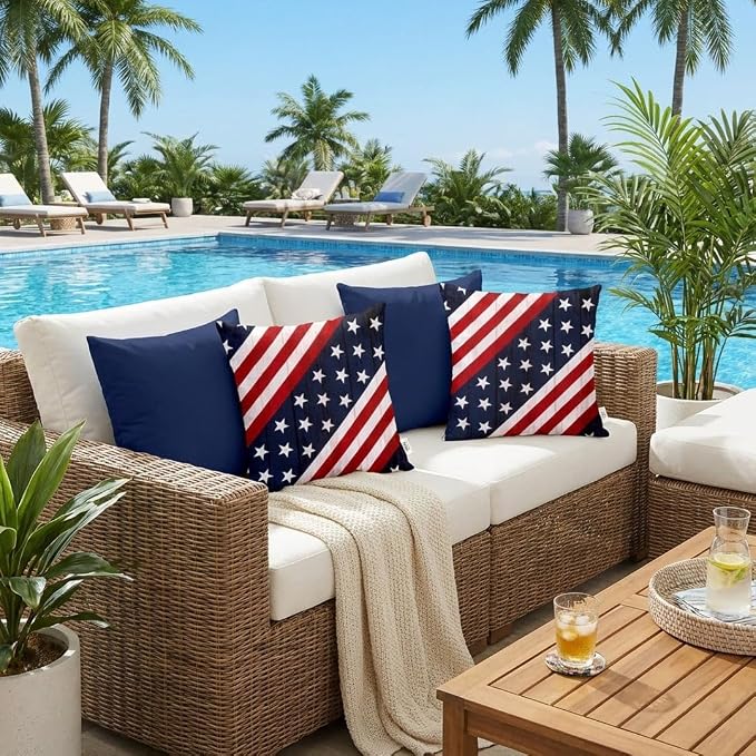 RSH DECOR Square Throw Pillows Set of 4, 17" x 17", Outdoor Pillows Waterproof, Outdoor Pillow Covers, Pillow Covers for Couch, Rustic Americana & Solid Navy, Made in USA