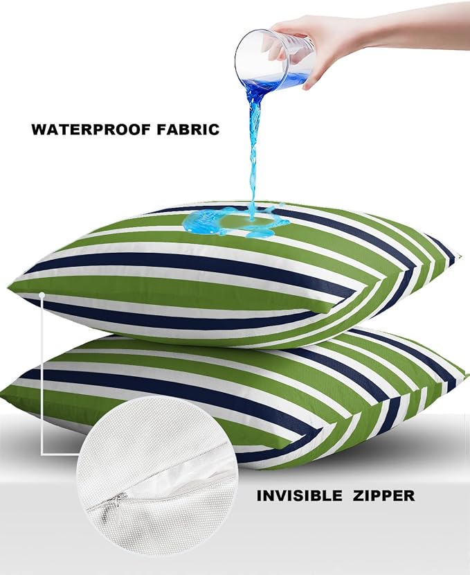 Outdoor Waterproof Throw Pillow Covers Set of 2 Navy Blue Green Stripes Decorative Outdoor Pillows Cushion Case 18x18 Inch Classic Striped Patio Pillows for Couch Sofa Bed Garden Office Home Decor