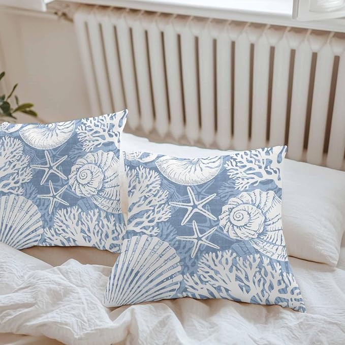 Outdoor Pillow Covers 18x18 Inch Set of 2, Lake Blue Starfish Coastal Waterproof Throw Pillow Covers, Summer Coral Shell Beach Nautical Decorative Cushion Pillowcases for Couch Sofa Bed Garden Patio