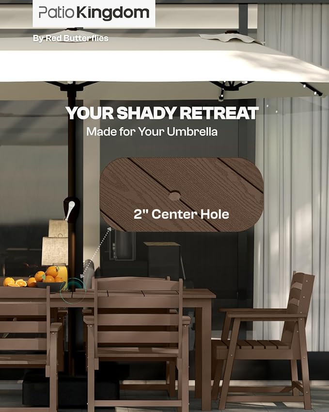 HDPE 9-Piece Outdoor Dining Set with 15FT Umbrella, Brown | All-Weather Patio Table and Chairs, Fade-Resistant Patio Furniture Dining Set for Lawn, Garden, Deck, Backyard, Poolside