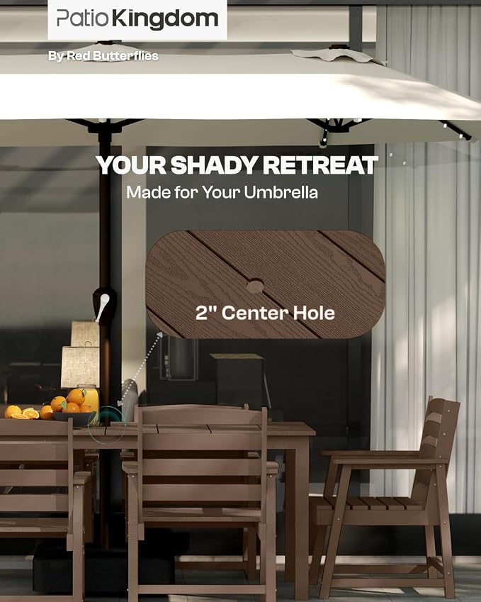 HDPE 9-Piece Outdoor Dining Set with 11FT Umbrella, Brown | All-Weather Patio Table and Chairs, Fade-Resistant Patio Furniture Dining Set for Lawn, Garden, Deck, Backyard, Poolside