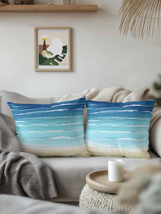 Set of 2 Outdoor Pillows Waterproof, Blue Beige Ombre Indoor/Outdoor Throw Pillows with Inserts, Coastal Nautical Summer Beach Wave Decorative Pillow for Patio Furniture Chairs Couch 16"x16"