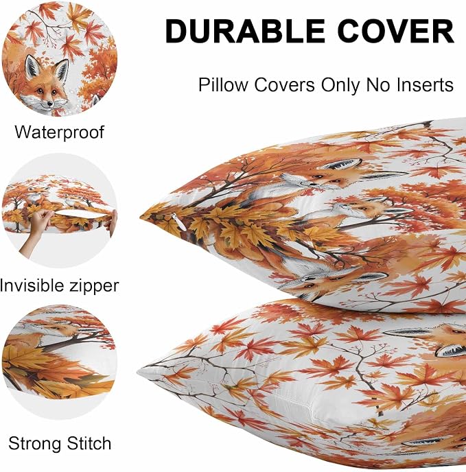 Orange Fox Outdoor Waterproof Pillow Covers, Thanksgiving Maple Leaves Autumn Trees Decorative Square Throw Pillowcase Sofa Cushion Sham for Patio/Couch/Chair, 16"x16" 2 Pack