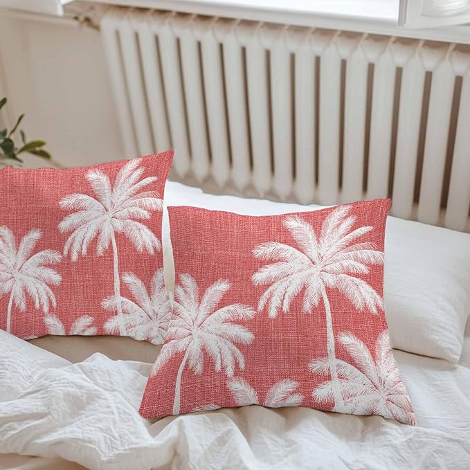 Outdoor Pillow Covers 16x16 Inch Set of 2, Coral Red Palm Trees Waterproof Throw Pillow Covers, Farmhouse Tropical Summer Beach Decorative Cushion Pillowcases for Couch, Sofa, Bed, Garden, Patio