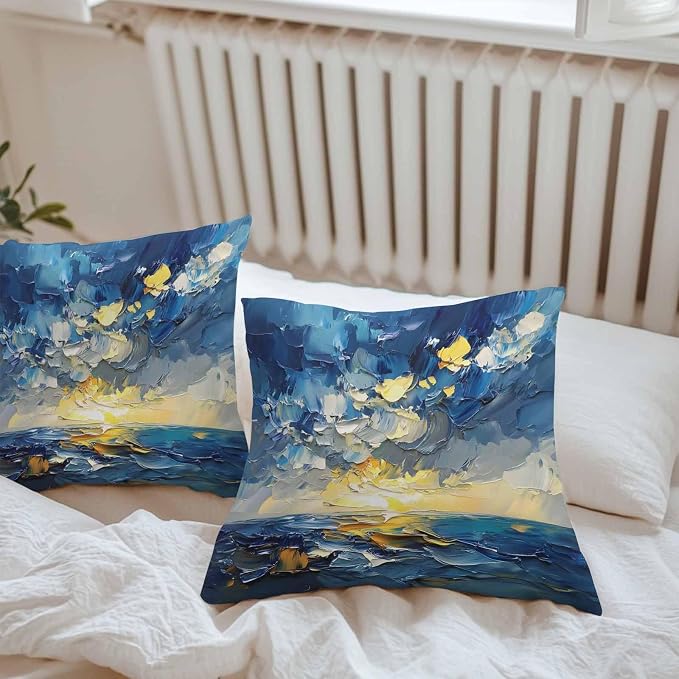 Modern Abstract Waterproof Outdoor Pillow Covers Set of 2 Home Decor, Blue Yellow Abstract Ombre Oil Painting Pillowcase Patio Pillow Covers for Couch Bench Furniture Garden 26x26in