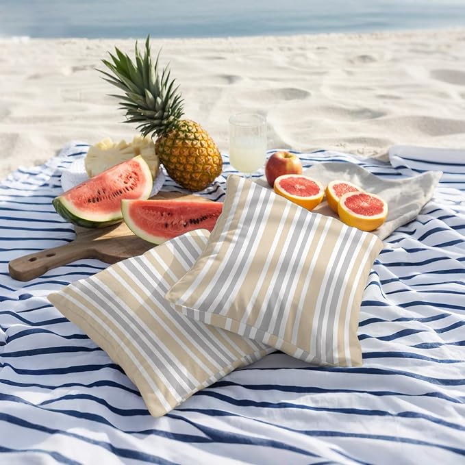 Beige Grey Stripe Outdoor Pillow Covers 24x24 Inch Throw Pillow Covers Set of 2 Waterproof Decorative Pillow Cases Farmhouse Minimalist Striped Cushion Covers for Patio Furniture Garden Couch Sofa
