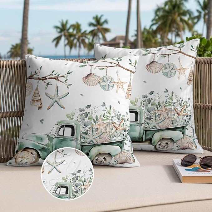 Sage Green Truck Outdoor Waterproof Throw Pillow Covers Set of 2, 20"x20", Ocean Starfish Shell Summer Leaf Decorative Pillow Covers Outside Cushion Case for Patio Porch Garden