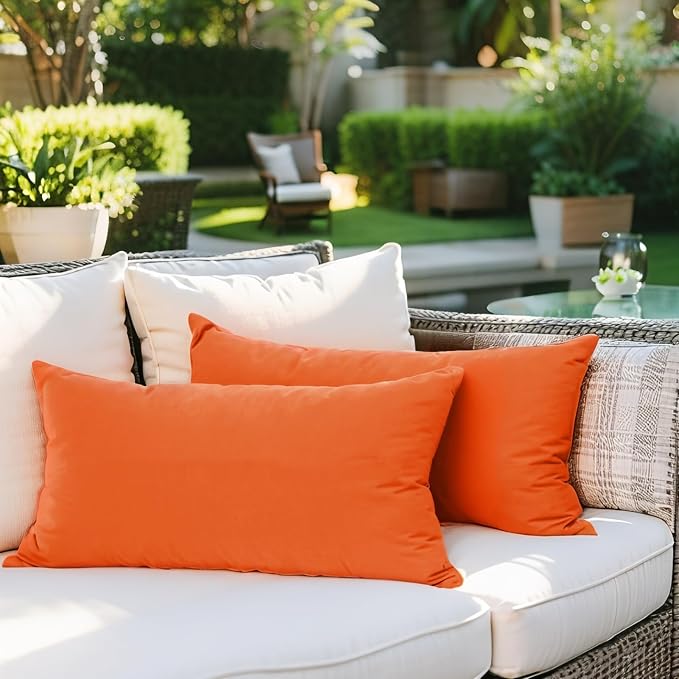 SK Studio Outdoor Water Resistant Throw Pillows, Decorative Patio Lumbar Cushions, Fluffy Furniture Garden Cushions for Home Patio Coach Sofa Use, Pack of 2, Orange, 16x16 Inch