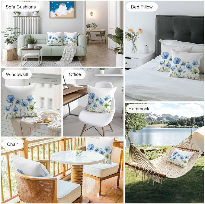 Flower Outdoor Throw Pillow Cover Watercolor Poppy Floral Waterproof Cushion Covers 2 Pack Pillow Cases Home Decoration for Patio Garden Couch Sofa,Garden Botanical Art