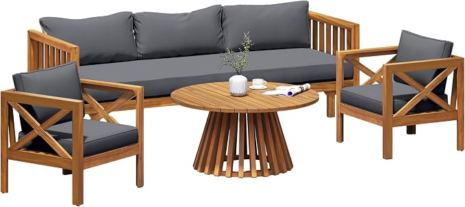 Merax Outdoor 4-Piece Acacia Wood Conversation Set - Patio 3-Seat Loveseat Sofa Daybed with Cushion, 2 Armchair and Round Coffee Table for Backyard, Lawn, Balcony, Teak+Dark Gray