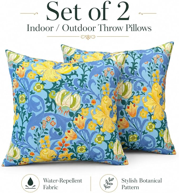 Outdoor Throw Pillows 18×18 Inch Waterproof Pillows with Inserts | Set of 2 Fade Resistant Decorative Square Pillows for Couch, Sofa and Patio Furniture
