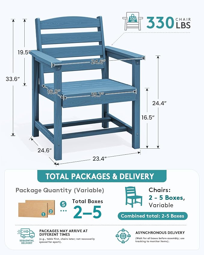 SERWALL Outdoor Dining Chairs Set of 4, All-Weather HDPE Patio Chair with 19.7" Widened Seat, for Backyard, Garden, Blue