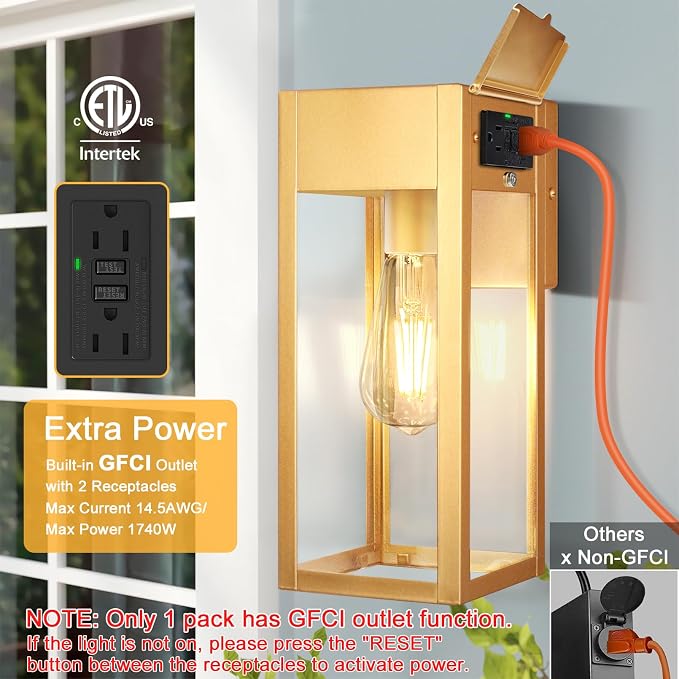2 Pack Porch Lights Outdoor Wall Sconce, Outdoor Light with GFCI Outlet, Waterproof Exterior Wall Lantern Light Fixtures, Anti-Rust Wall Lamp with Clear Glass for Patio Doorway Garage- Gold