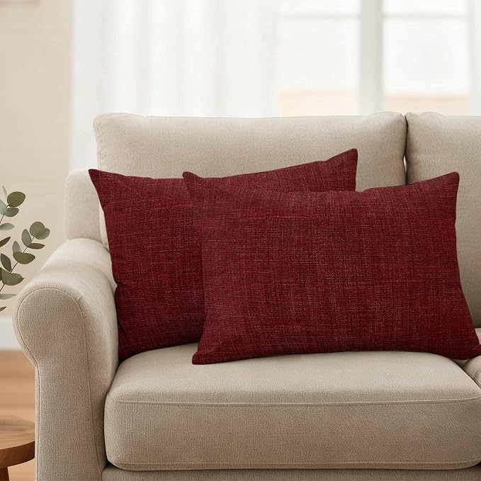 Outdoor Waterproof Throw Pillow Covers Set of 2 Wine Red Linen Lumbar Pillowcases 20x12 Inches Farmhouse Pure Color Decorative Pillows Cushion Case Patio Pillows for Couch Bed Chair Garden