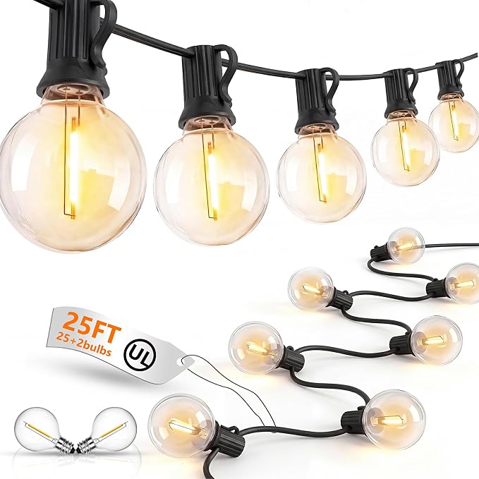 25Ft LED Outdoor String Lights, 27 G40 Globe Patio Lights IP65 Waterproof | 2700K Warm White, Plug In, Hanging Connectable Christmas Decorative Lights for Backyard Porch Garden Balcony Bistro, Black