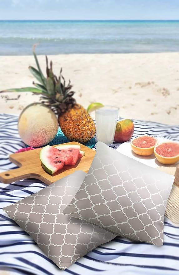 Outdoor Pillows 24x24 Waterproof Outdoor Pillow Covers, Beige Ombre Texture Polyester Throw Pillow Covers Garden Cushion Decorative Case for Patio Couch Decoration Set of 2, Moroccan Pattern
