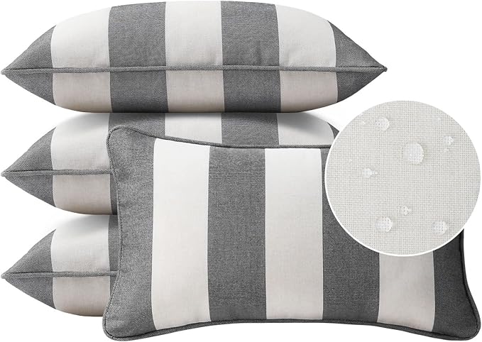 Unimatta Decorative Outdoor Water Repellent Throw Pillows with Inserts, Set of 4, 20" x12" Pillows for Patio, Backyard, Bed, Couch, and Patio Furniture, Gray Stripe