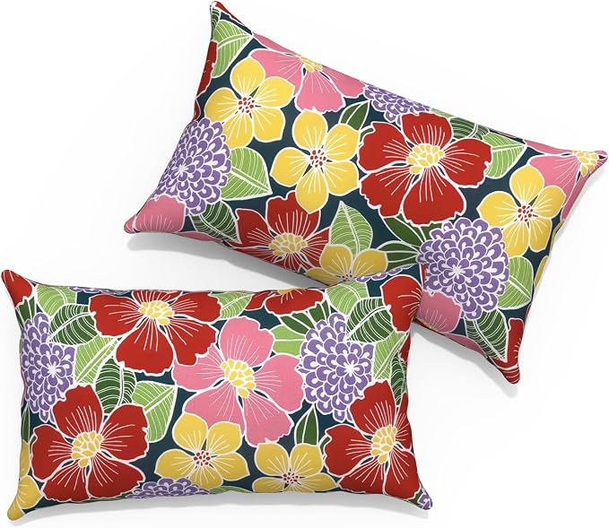 Outdoor Lumbar Pillows with Insert 12x20 Inch, Waterproof Throw Pillow for Patio Furniture, Decorative Lumbar Cushions for Garden Home Sofa Office Chair, Set of 2, Flower Bloom