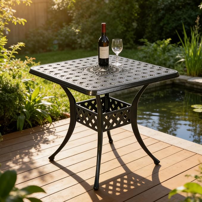 MEETWARM 30.5" Square Patio Dinning Table, Outdoor Cast Aluminum Dinning Table with 2.2" Umbrella Hole, Dark Bronze