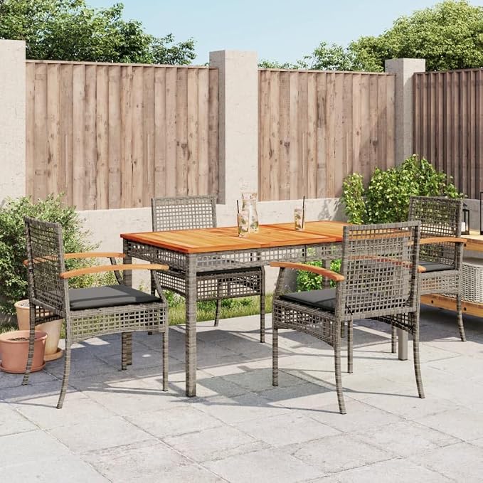 5 Piece Patio Dining Set Gray Poly Rattan Outdoor Furniture with Solid Acacia Wood Top Table and 4 Cushioned Chairs for Backyard Porch and Garden - Gray