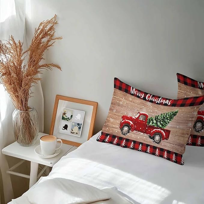 YOKOU Outdoor Throw Pillow Covers, Merry Christmas Truck Tree Vintage Board Wood Grain Buffalo Check Waterproof Pillowcases Cushion Covers Cases for Patio Couch Bench, Pack of 2 Rectangle, 20"X12"