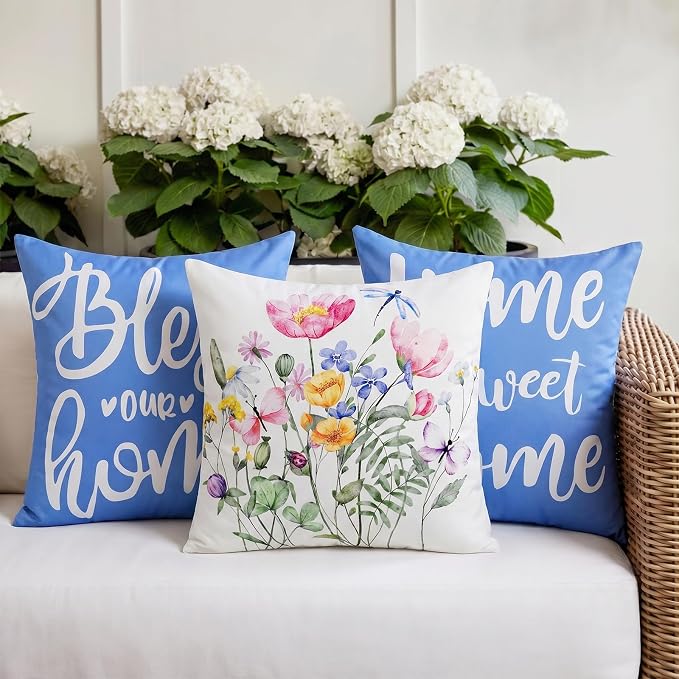 Adabana Outdoor Waterproof Floral Blue Pillow Covers 18x18 Set of 4, Bless Home
