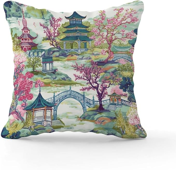 Chinoiserie Pagoda White Coral Blue Asian Pillow Cover Chinoiserie Chic Asian Pillowcase 26x26 INAbstract Accent Decorative Cushion Cases Home Decor for Patio Furniture Tent Garden