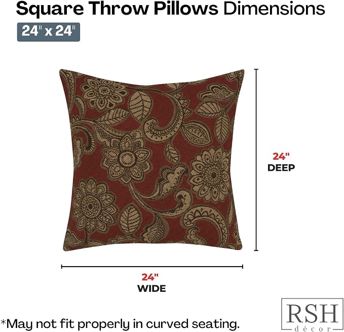 RSH DECOR: Outdura Square Throw Pillows Set of 2 | 24" x 24" | Water and Fade-Resistant Performance Fabric | Outdoor Pillow Covers with Down-Alternative Inserts | Made in USA (Veranda Crimson)