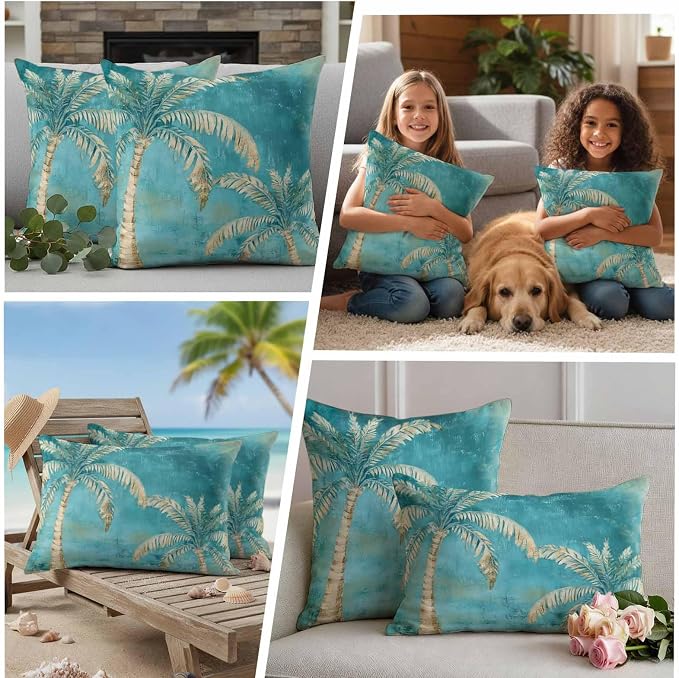 Coastal Beach Palm Tree Outdoor Waterproof Pillow Covers, Retro Teal Decorative Square Throw Pillowcase, Tropical Plant Summer Sofa Cushion Sham for Patio/Couch/Chair, 18"x18" 2 Pack