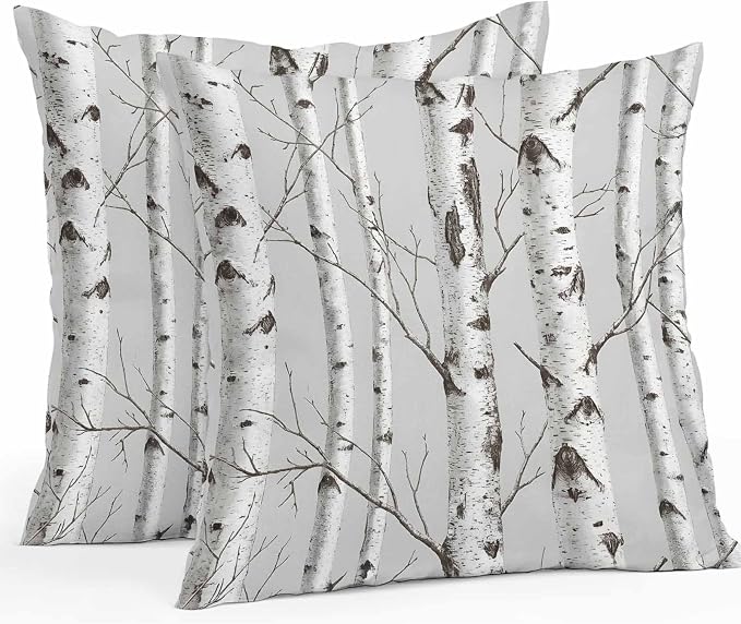 Nature Birch Trees Outdoor Waterproof Pillow Covers Pack of 2, Modern Gray Modern Tree Bark Texture Forest Throw Pillowcases Decorative Cushion Covers for Garden Patio Tent Sofa Couch, 16x16 inch