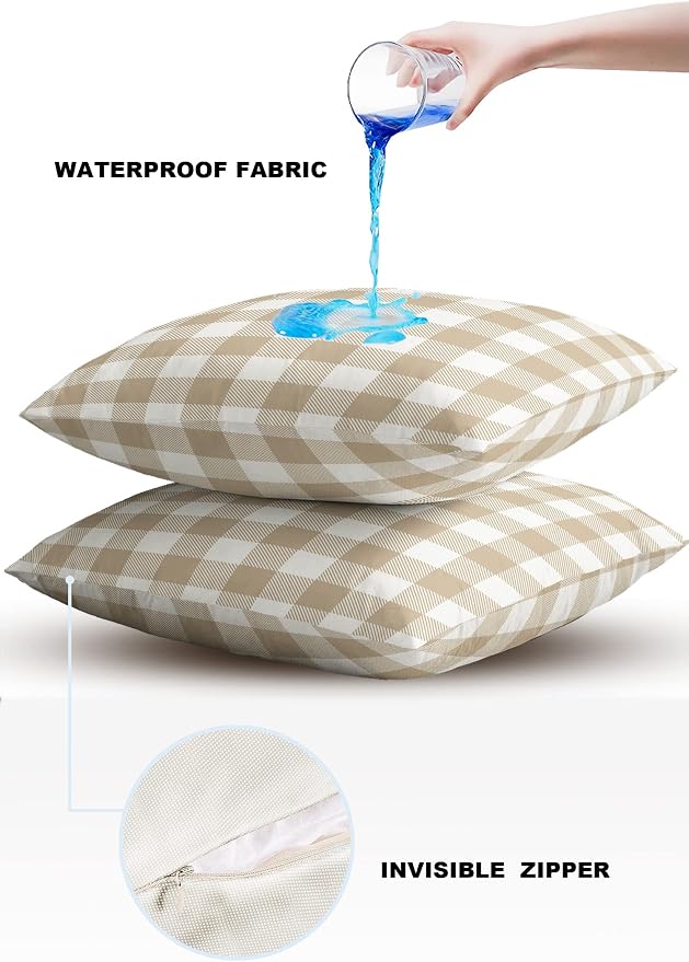 Outdoor Waterproof Throw Pillow Covers Set of 2 Khaki Buffalo Check Plaid Pillowcases 20x20 Inches Farmhouse Style Patio Decorative Pillows Cushion Case Patio Pillows for Couch Bed Chair Garden