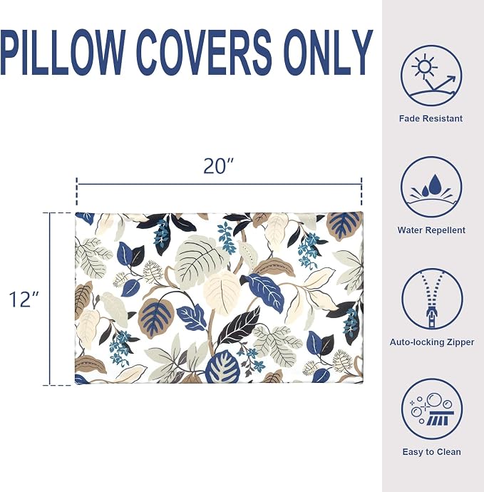 Pack of 2 Outdoor Lumbar Pillow Covers, All Weather Cushion Pillow Cases 12x20 Inch, Pillowcase for Patio Couch Decoration, Breeze Leaves Beige