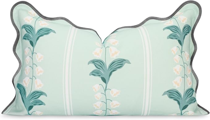Hofdeco Premium Coastal Hampton Patio Indoor Outdoor Lumbar Pillow Cover Only, 12"x20" Water Repellent for Backyard, Couch, Poolside, Pale Forest Green Print Watercolor Striped Lily of the Valley