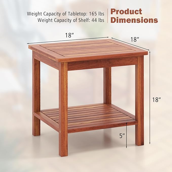 HAPPYGRILL Wood Outdoor Side Table Set of 2, Patio Square End Table, Sturdy Acacia Wood Coffee Table for Porch, Poolside, Backyard, Garden, Balcony, Living Room