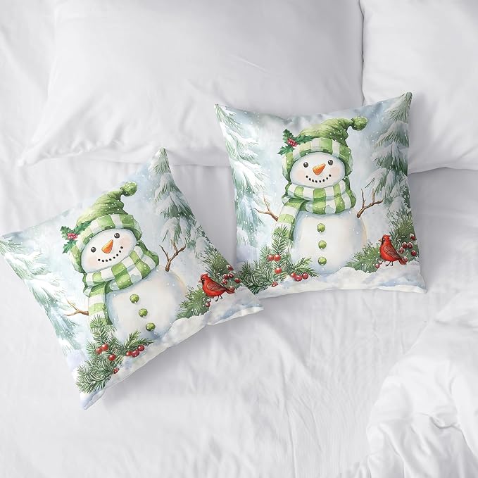 Set of 2 Winter Pillow Covers 18x18 Green Snowman Pine Tree Holly Berry Cardinal Bird Throw Pillow Covers Holiday Pillow Case for Home Decor Couch Sofa