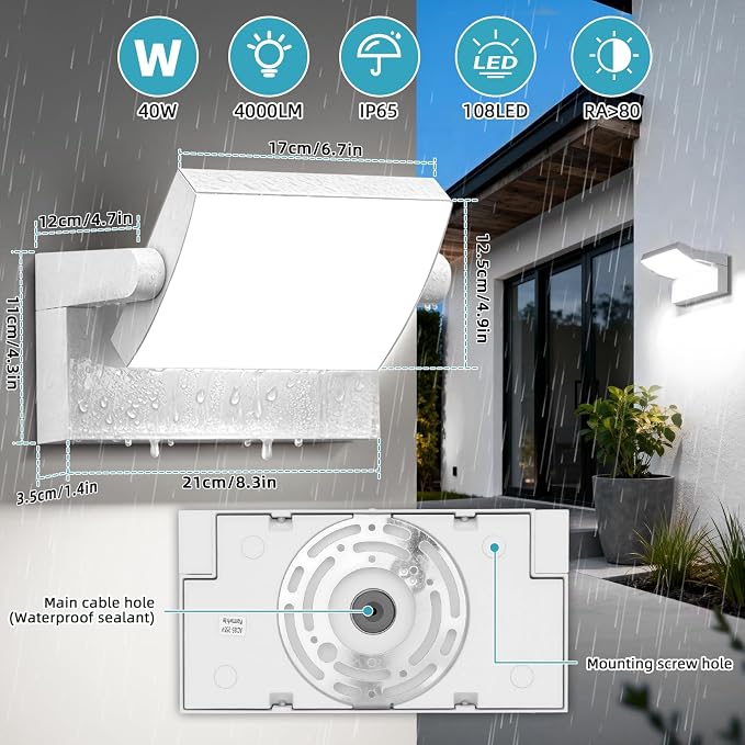 LED Wall Light Outdoor 40W White Flood Lights 350°Rotation Exterior Lighting Fixture Commercial Security 6000K Waterporof Porch Light 3 Pack