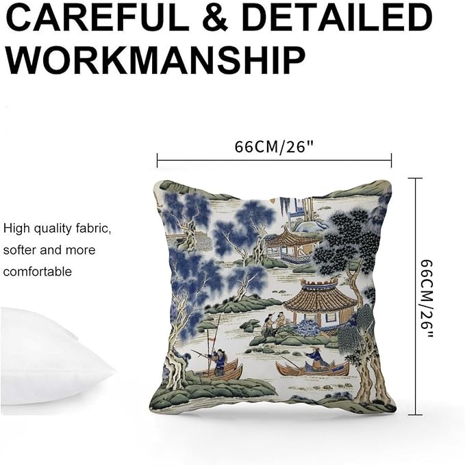Asian Scenic Cushion Cases Blue and Green Chinoiserie Cushion Cases 26x26 INRustic Accent Farmhouse Decor Pillow for Outside Couch Chair Patio