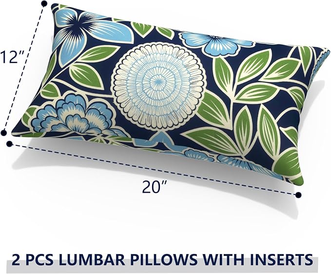 Outdoor Lumbar Pillows with Insert 12x20 Inch, Waterproof Throw Pillow for Patio Furniture, Decorative Lumbar Cushions for Garden Home Sofa Office Chair, Set of 2, Azure Botanical Symphony