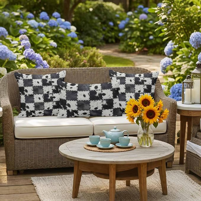 Black White Animal Printed Outdoor Pillow Covers 26x26 Inch Throw Pillow Covers Set of 2 Waterproof Decorative Pillow Cases Farmhouse Fur Texture Plaid Cushion Covers for Patio Furniture Garden Couch