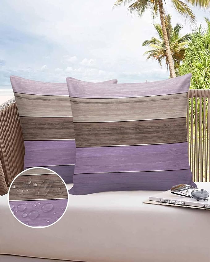 Outdoor Throw Pillow Covers 20X20 Set of 2 Waterproof Ombre Lavender Purple Brown Decorative Zippered Cushion Covers for Patio Furniture, Farmhouse Retro Rustic Barn Wood Texture Lumbar Pillowcases