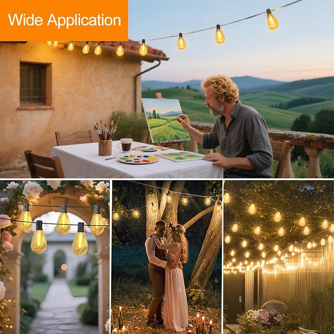 100FT S14 E12 Outdoor String Lights Waterproof Patio 24+1 (1 Spare) bulb | Outside Hanging Shatterproof S14 E12 LED Light Bulb for Parties Porch Garden Fences Backyard Outdoor Indoor