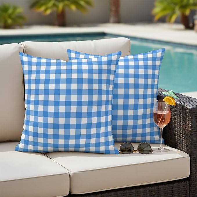 Sky Blue Checks Outdoor Pillow Covers 20"x20" Set of 2, White Gingham Plaid Abstract Modern Coastal Waterproof Throw Pillow Covers for Patio Furniture, Decorative Cushion Covers for Porch