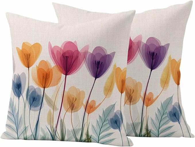 Spring Outdoor Waterproof Throw Pillow Covers Set of 2, 16"x16", Floral Cartoon Multicolor Tulips Leaf Retro Decorative Pillow Covers Outside Cushion Case for Patio Porch Garden