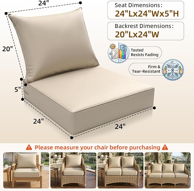 Srora 2Pcs Outdoor Deep Seat Patio Cushions, 5-Inch Thick Outdoor Chair Cushions, Waterproof 300GSM Colorwoven Fabric, 1200H+ Fade Resistant, Hidden Zipper Covers, 2 Ties, Outdoor Cushions