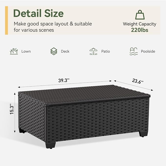 Aoxun Patio Coffee Table with Storage, All Weather Wicker Side Table with Waterproof Cover, Outdoor Storage Coffee Table for Toys and Cushions Black