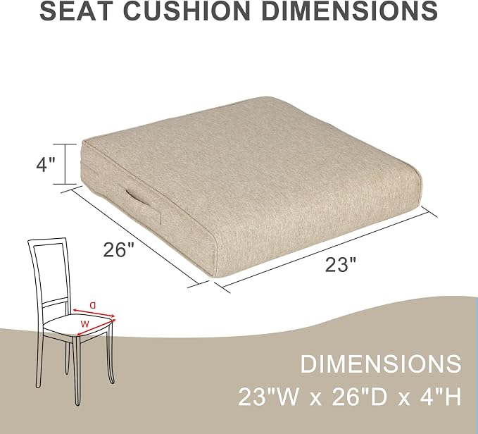 Aoodor Patio Chair Cushions Set of 4, 23 x 26 x 4 Inch Water Resistant Outdoor Seat Cushions with Handle and Ties, Square Corner Cushions for Patio Furniture Garden Lawn, Brown