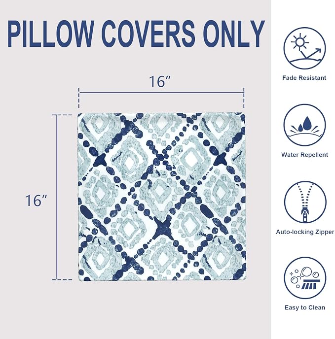 Outdoor/Indoor Throw Pillow Covers Set of 2, All Weather Square Pillow Cases 16x16 Inch, Patio Cushion Pillow of Home Furniture Use, Boho Geometry Blue