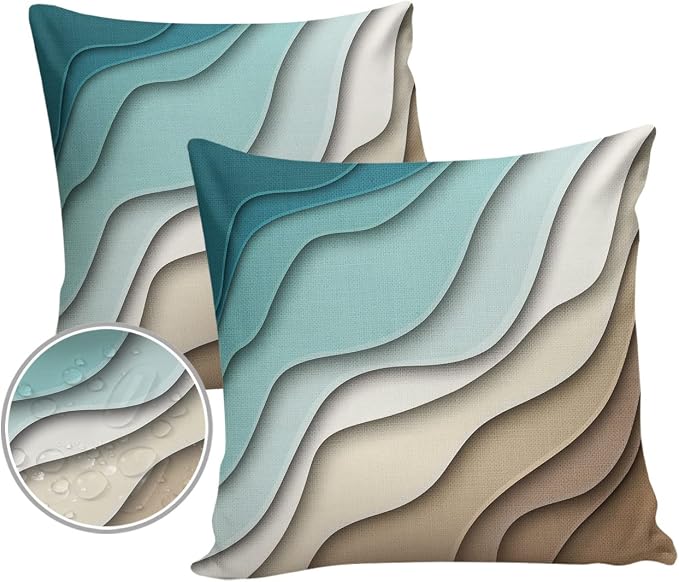 Modern Geometric Outdoor Waterproof Pillow Covers for Patio Furniture Decorative Throw Pillow Cover Teal Blue Brown Abstract Ocean Wave Pillowcases Set of 2 Cushion Case for Sofa Couch 16 x 16 Inches